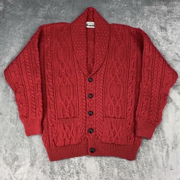 Aran Crafts Sweater Mens L Red Shawl Collar Cardigan Merino Wool